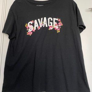 Women's black tee with SAVAGE floral graphic